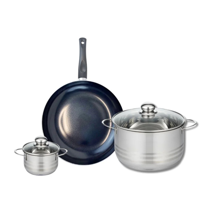 Ensemble de 1 Poêle de cuisson 28 cm et 2 faitouts 12 et 24 cm Elo Prima Brillant