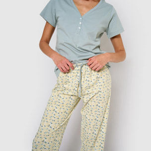 Pijama largo algodón manga corta con escote pico domana azul agua