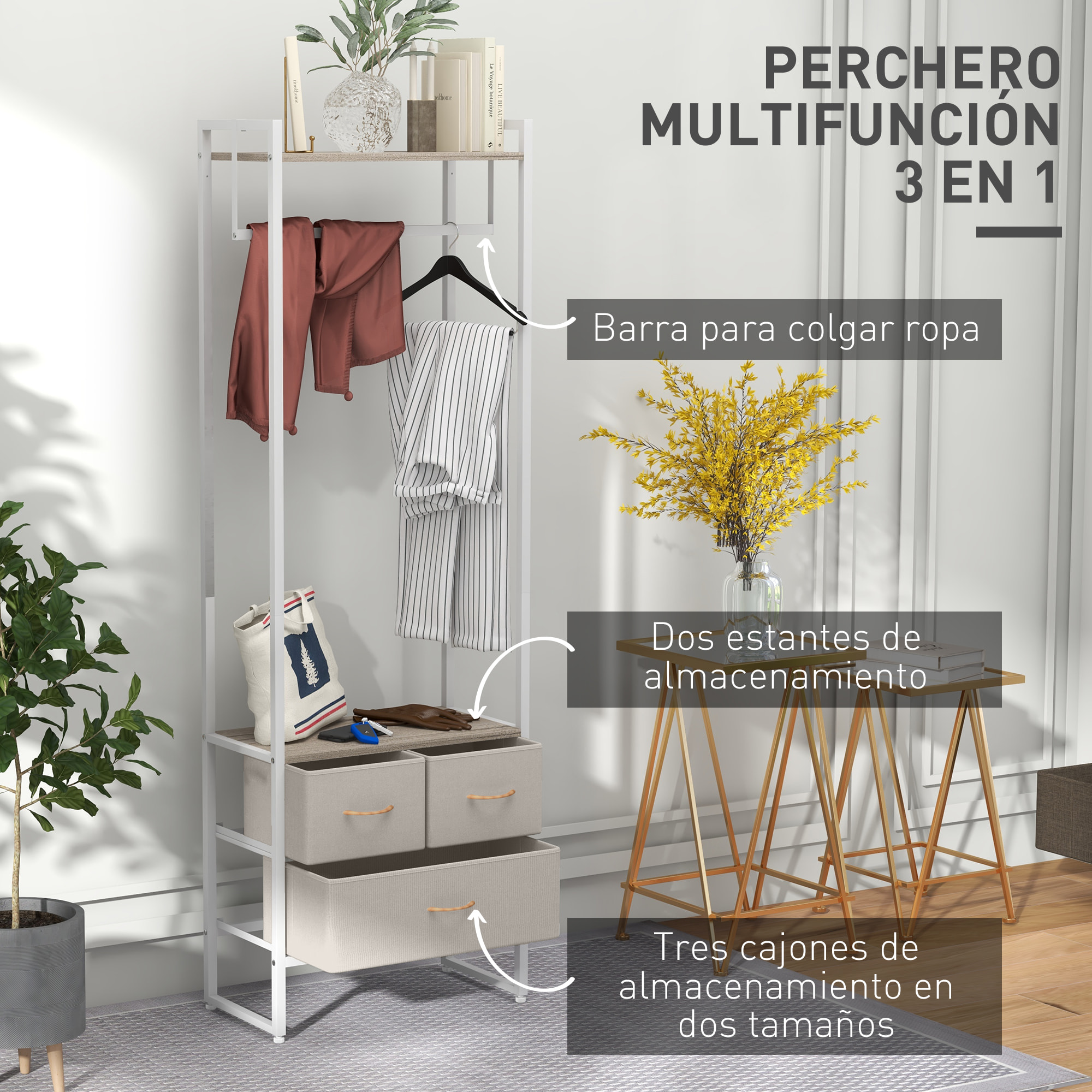 Perchero para Ropa Perchero Recibidor con 3 Cajones de Tela Barra para Colgar y Estante de Almacenamiento para Pasillo Dormitorio Sala de Estar 58,5x30x178 cm Natural