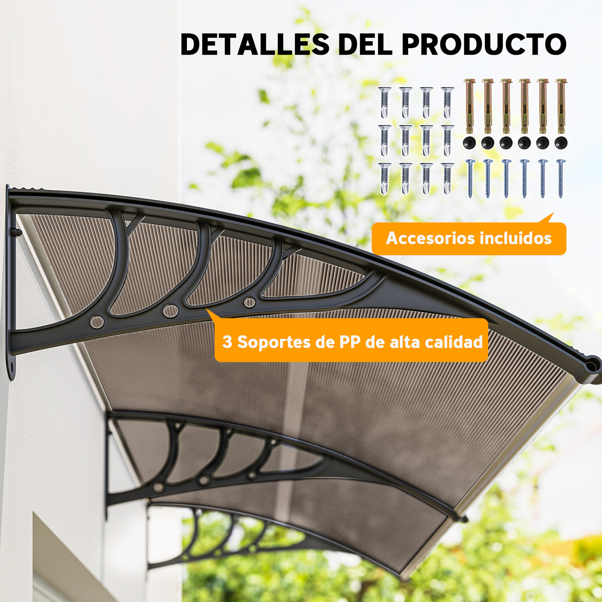 Marquesinas Exterior para Puertas y Ventanas, 195x75 cm, Tejadillo de Protección contra Sol y Lluvia, con Cubierta de Policarbonato, Soporte de Aleación de Aluminio, Marrón