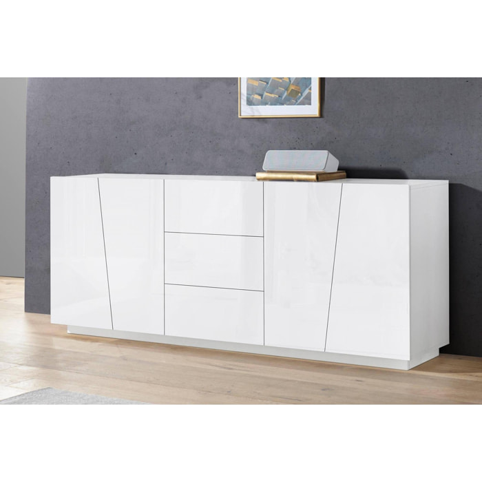 Credenza moderna a 4 ante e 3 cassetti, Made in Italy, Madia da cucina, Buffet di design da soggiorno, cm 220x43h86, colore Bianco lucido