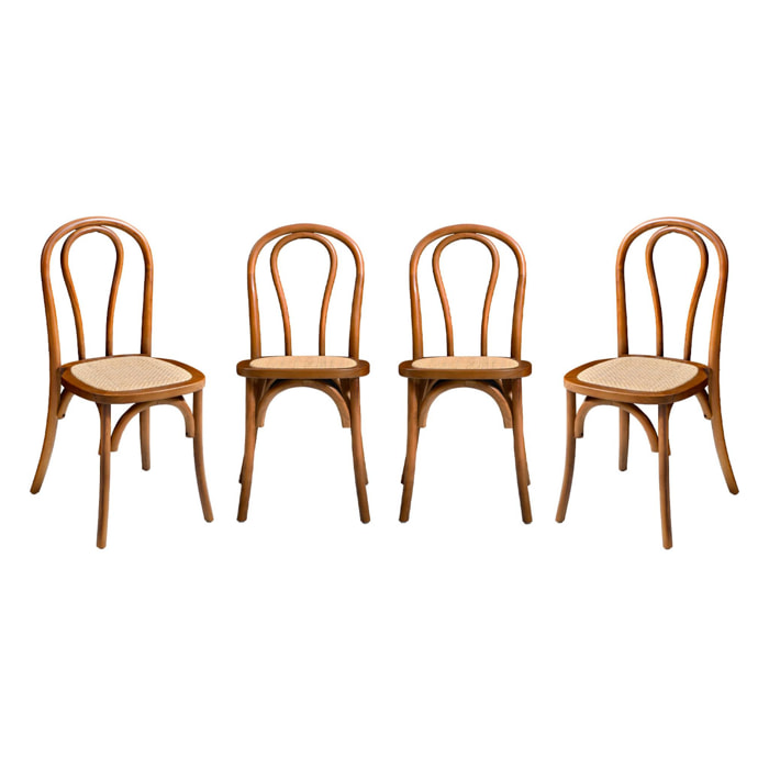 Lot de 4 chaises vintage en bois avec assise en rotin et dossier arrondi. coloris noyer. L 48 x P 49.5 x H 90cm