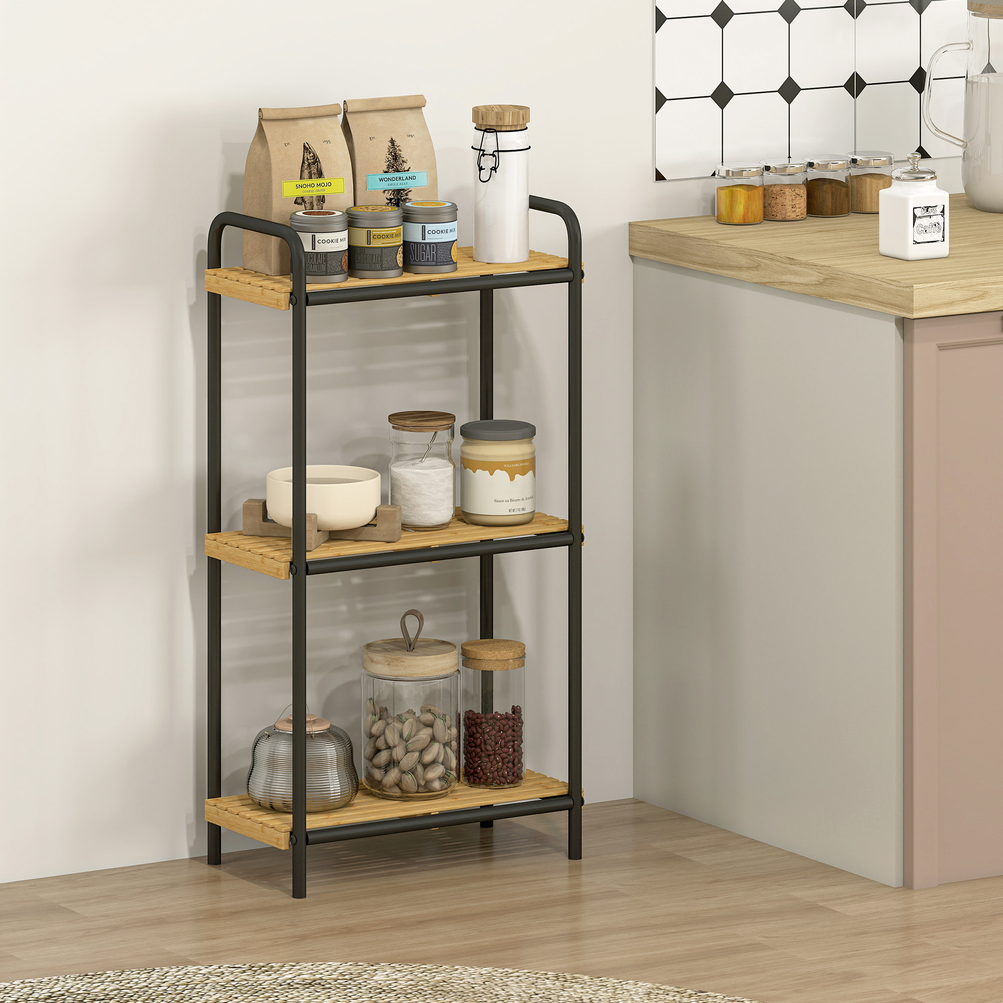 Étagère salle de bain bambou, 3 niveaux, étagère de rangement étroite autoportante cadre en acier pour salon, salle à manger, balcon, cuisine, 41,5 x 21,5 x 77,5 cm, noir et effet bois naturel