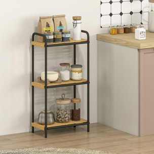 Étagère salle de bain bambou, 3 niveaux, étagère de rangement étroite autoportante cadre en acier pour salon, salle à manger, balcon, cuisine, 41,5 x 21,5 x 77,5 cm, noir et effet bois naturel