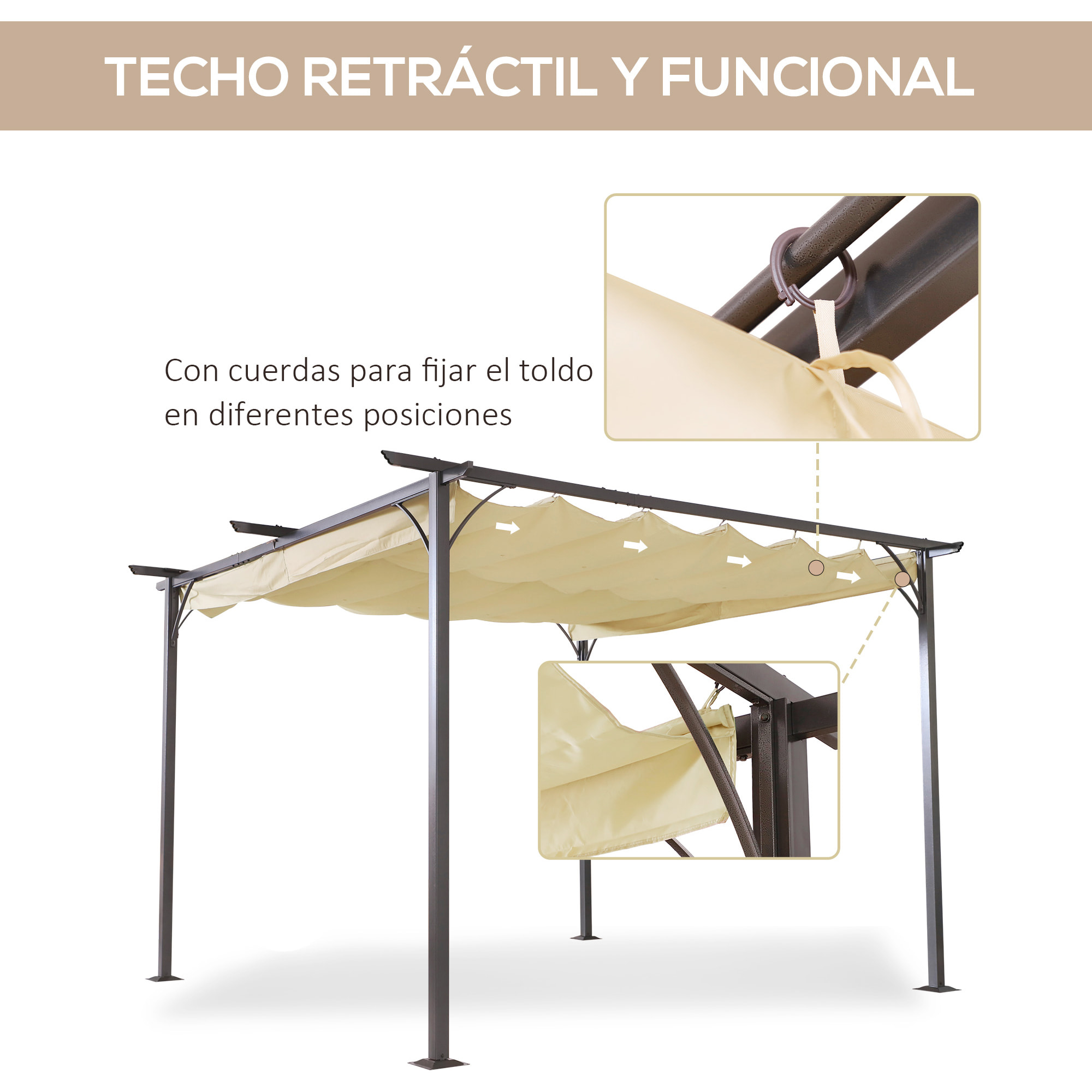 Pérgola de Metal 3.5x3.5m Gazebo Cenador para Jardín Patio con Techo Retráctil