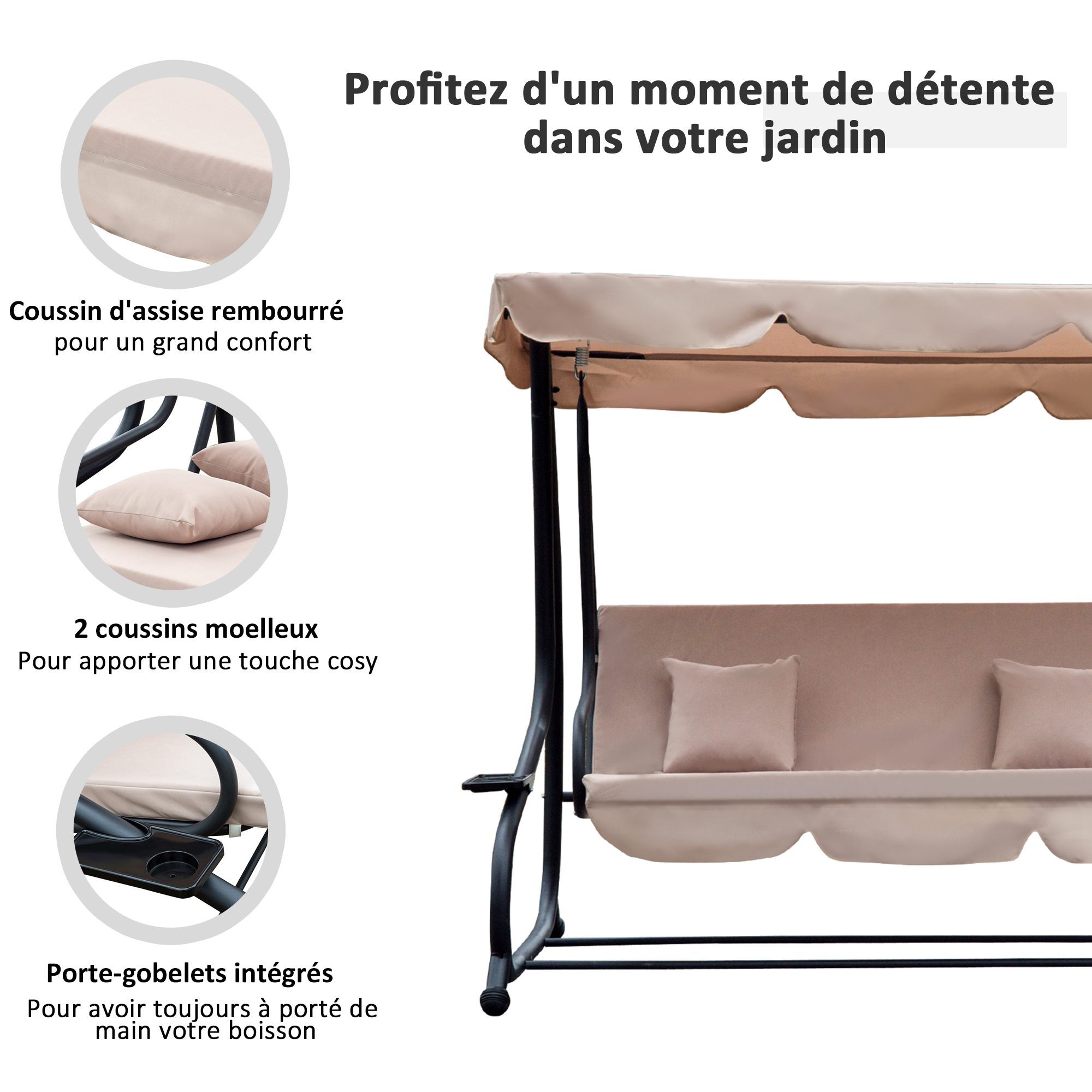 Balancelle de jardin 3 places convertible beige noir