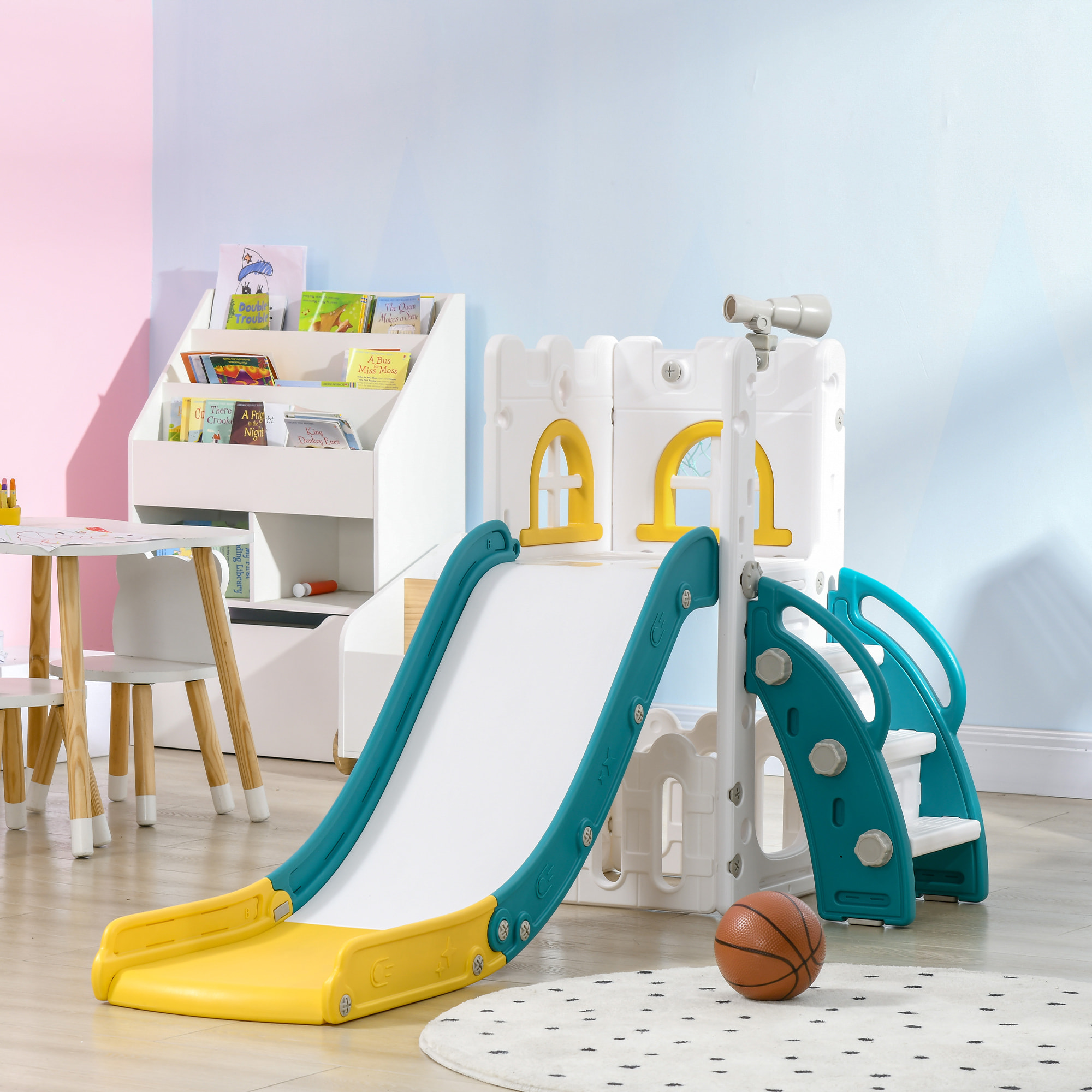 Toboggan pour enfant multifonction - télescope, panier basketball, espace rangement - HDPE blanc vert turquoise