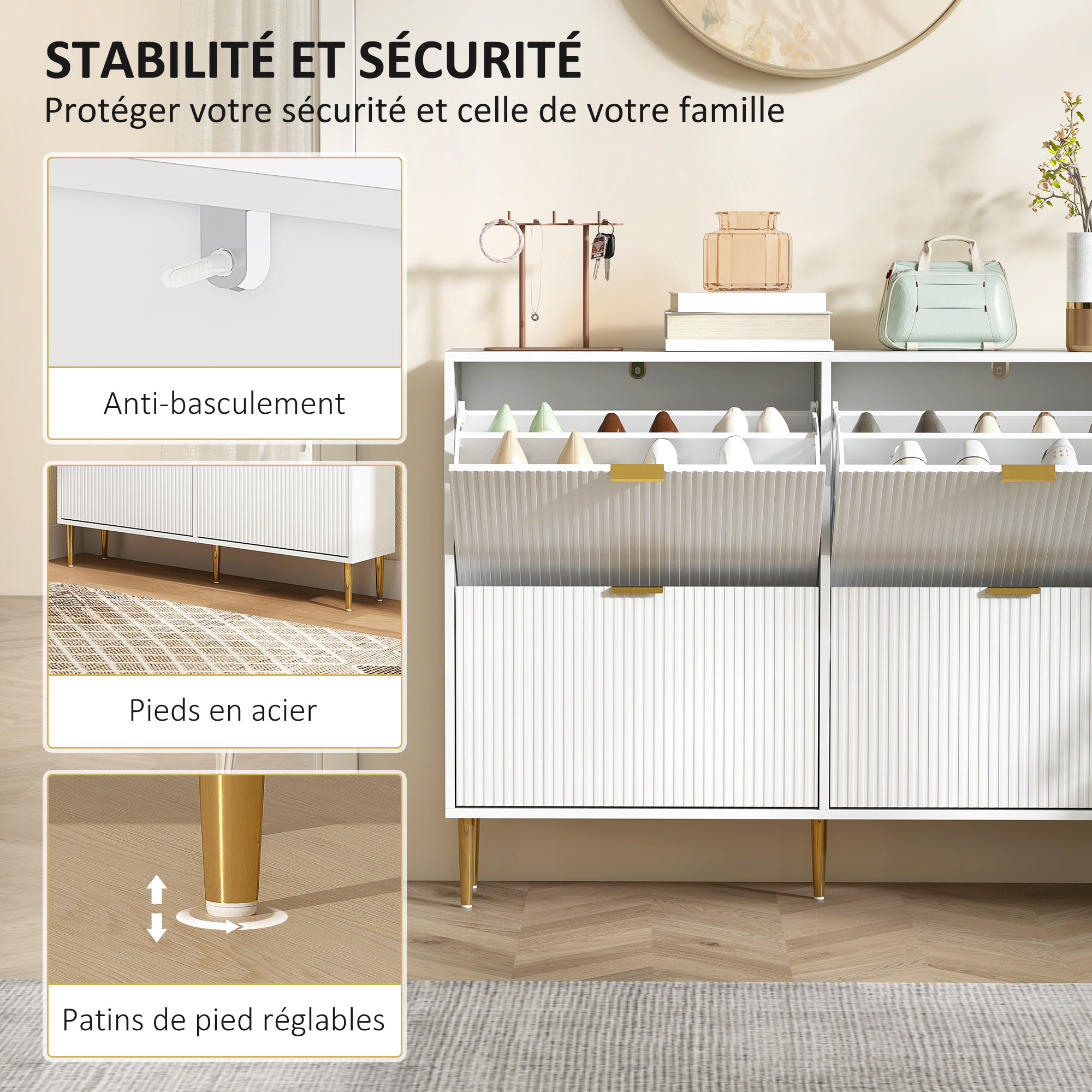 Meuble à chaussures style Art déco 4 portes piètement poignées métal doré 105 x 24 x 91 cm blanc