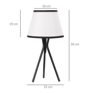 HOMCOM Lámpara de Mesa con Trípode de Metal Lámpara de Escritorio con Pantalla de Tela y Casquillo E27 Máx. 40W Estilo Moderno para Dormitorio Salón Ø25x50 cm Blanco y Negro