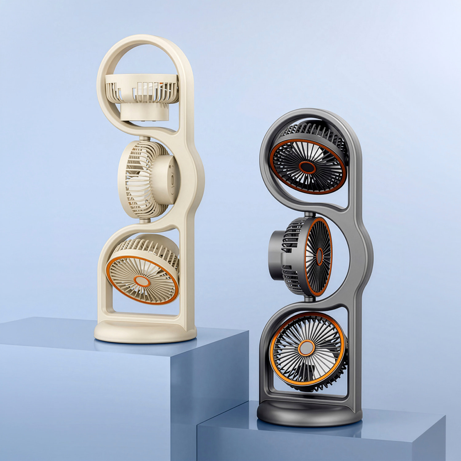 Ventilador de sobremesa F17. Con 3 ventiladores independientes, 5 velocidades por unidad y giro 360° vertical y horizontal. Incluye iluminación con 3 niveles de intensidad.