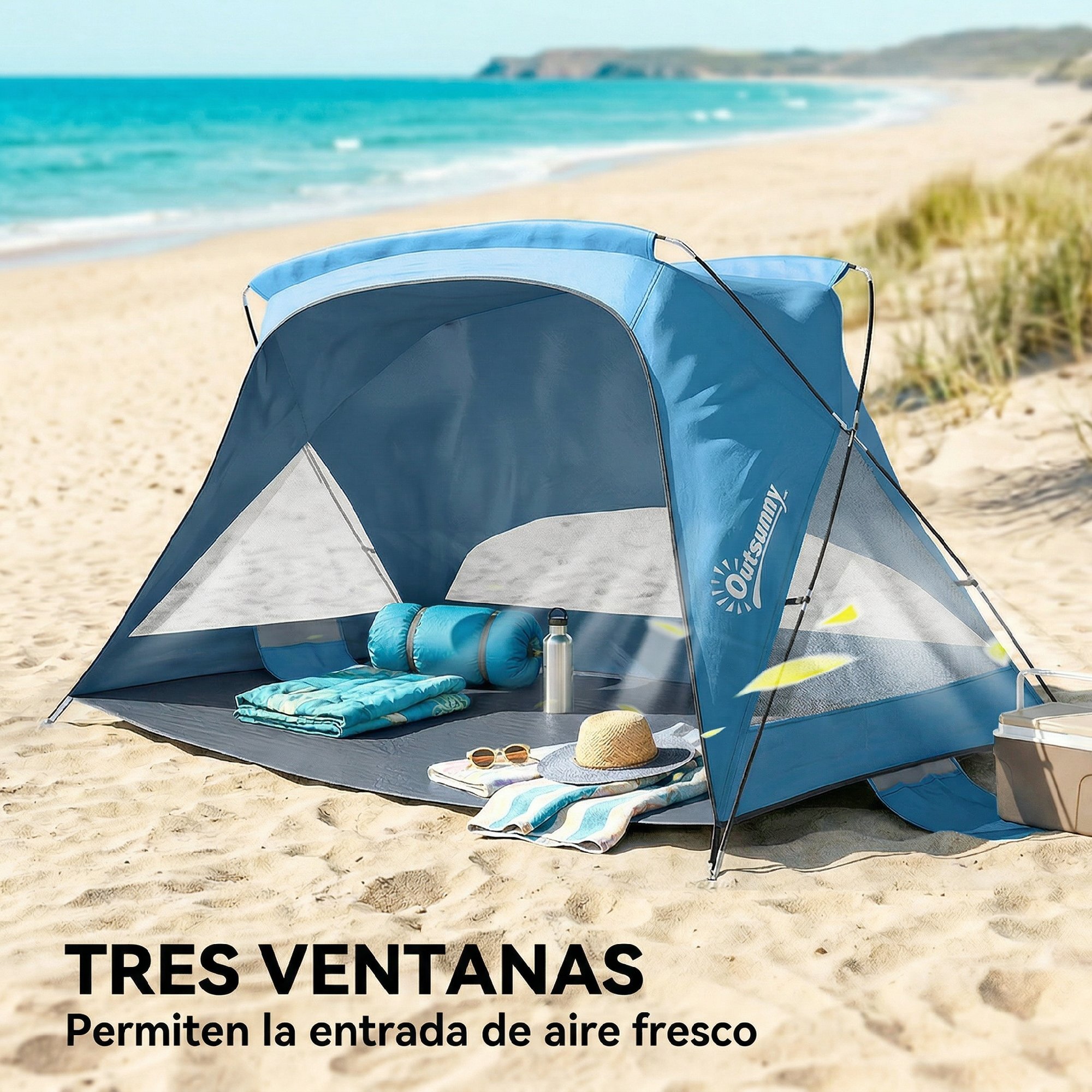 Tienda de Playa, Carpa de Playa Plegable para 2-3 Personas con Sacos de Arena, Puerta, Ventanas, UPF30+, Bolsa de Transporte y Bolsillo para Parque, Camping, 220x120x120 cm, Azul Cielo