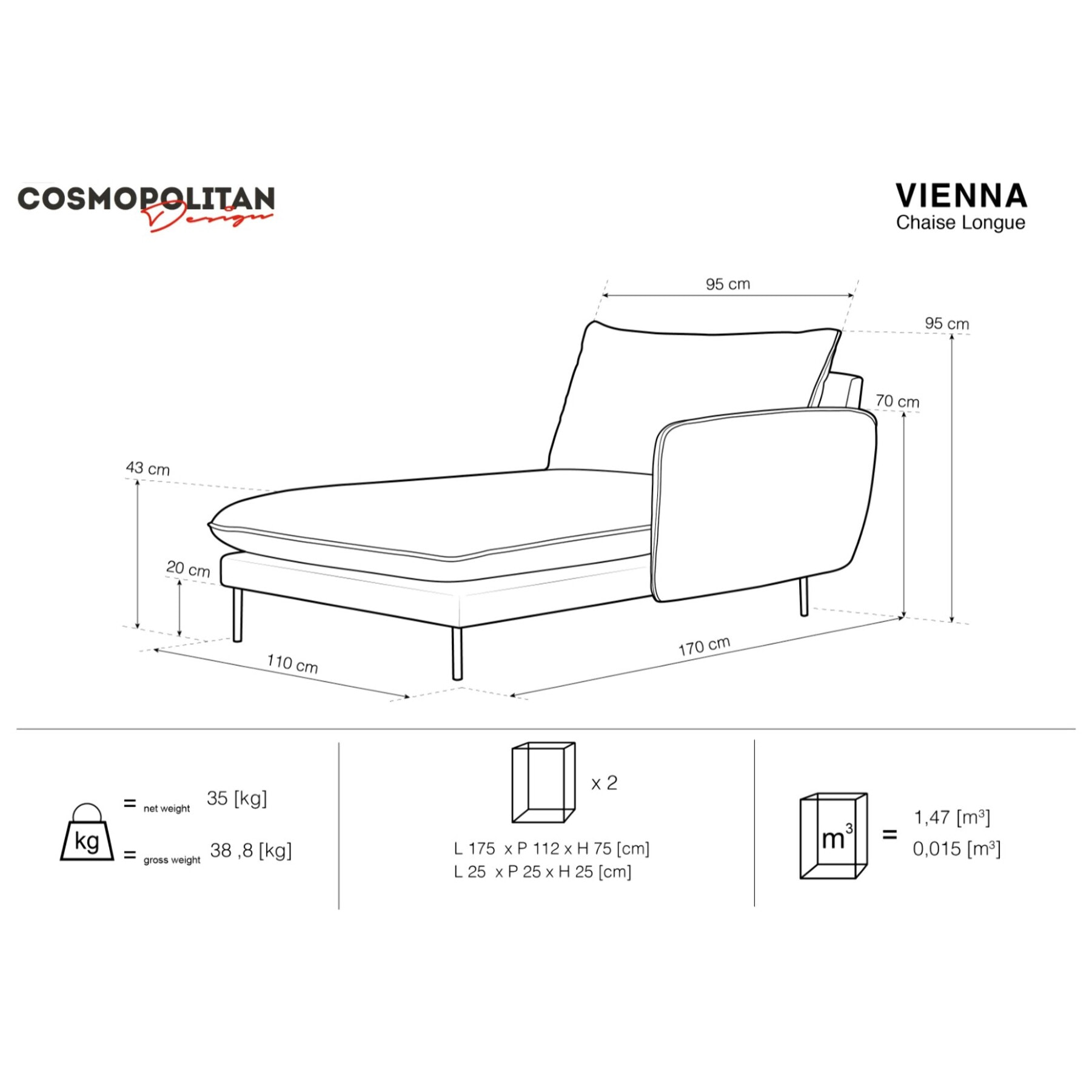 Méridienne droite "Vienna" en velours noir
