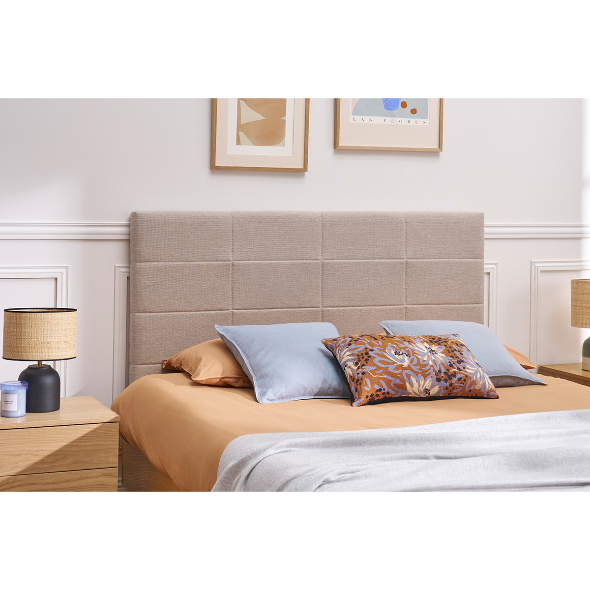 Tête de lit moderne en tissu beige naturel L160 cm ANATOLE