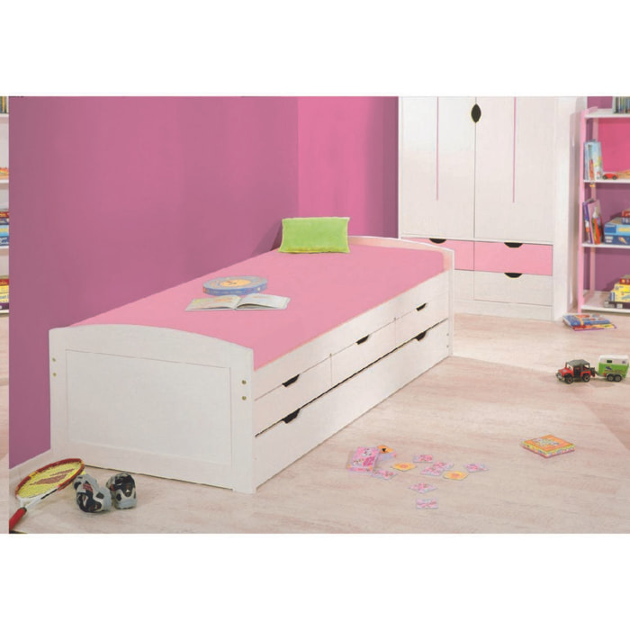Letto con cassetti contenitori e secondo letto inferiore estraibile in pino massello verniciato all'acqua bianco, 98 x 205 x 63, Bianco