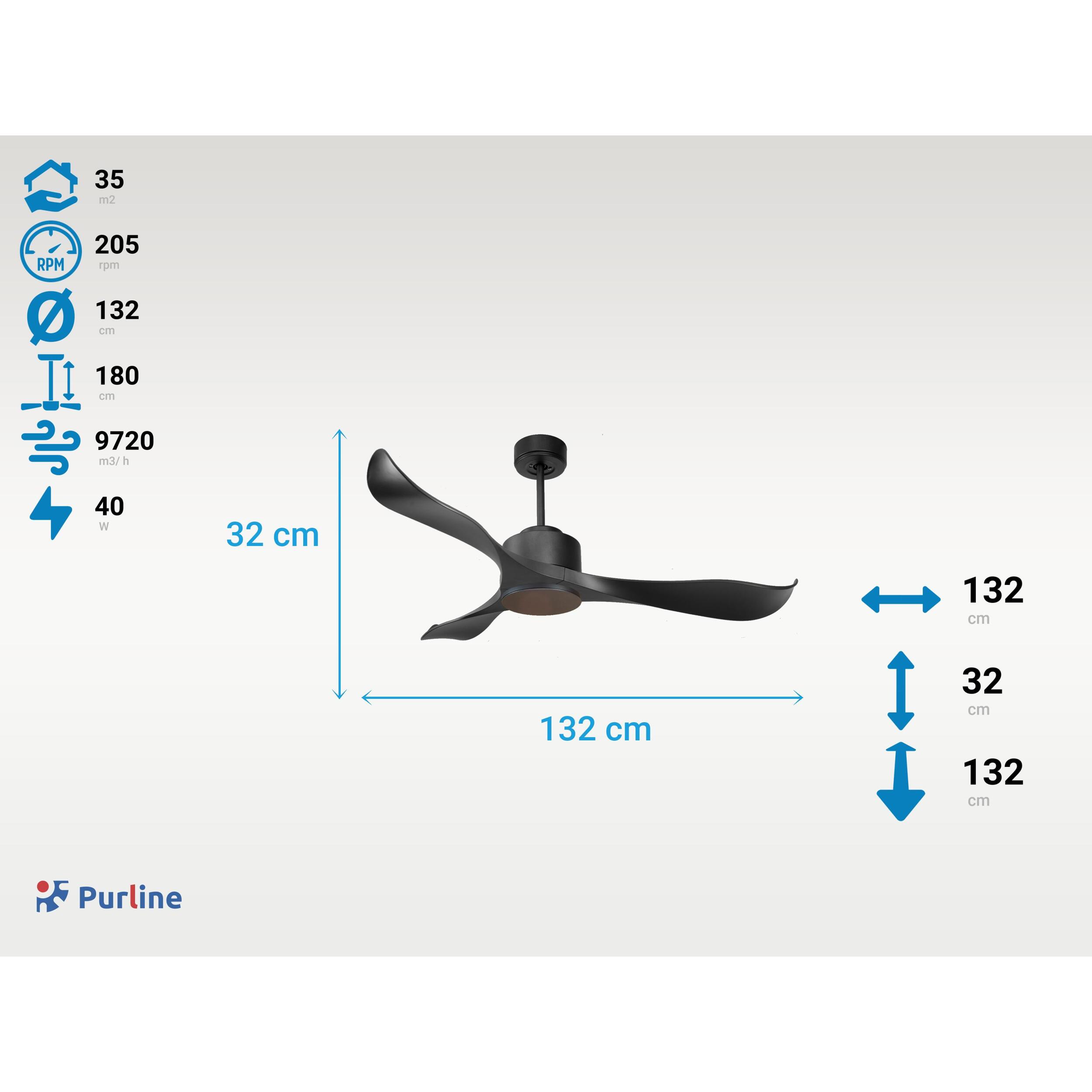 Ventilateur de plafond ø132 cm avec Wifi Réversible Hypersilence 40   W Noir
