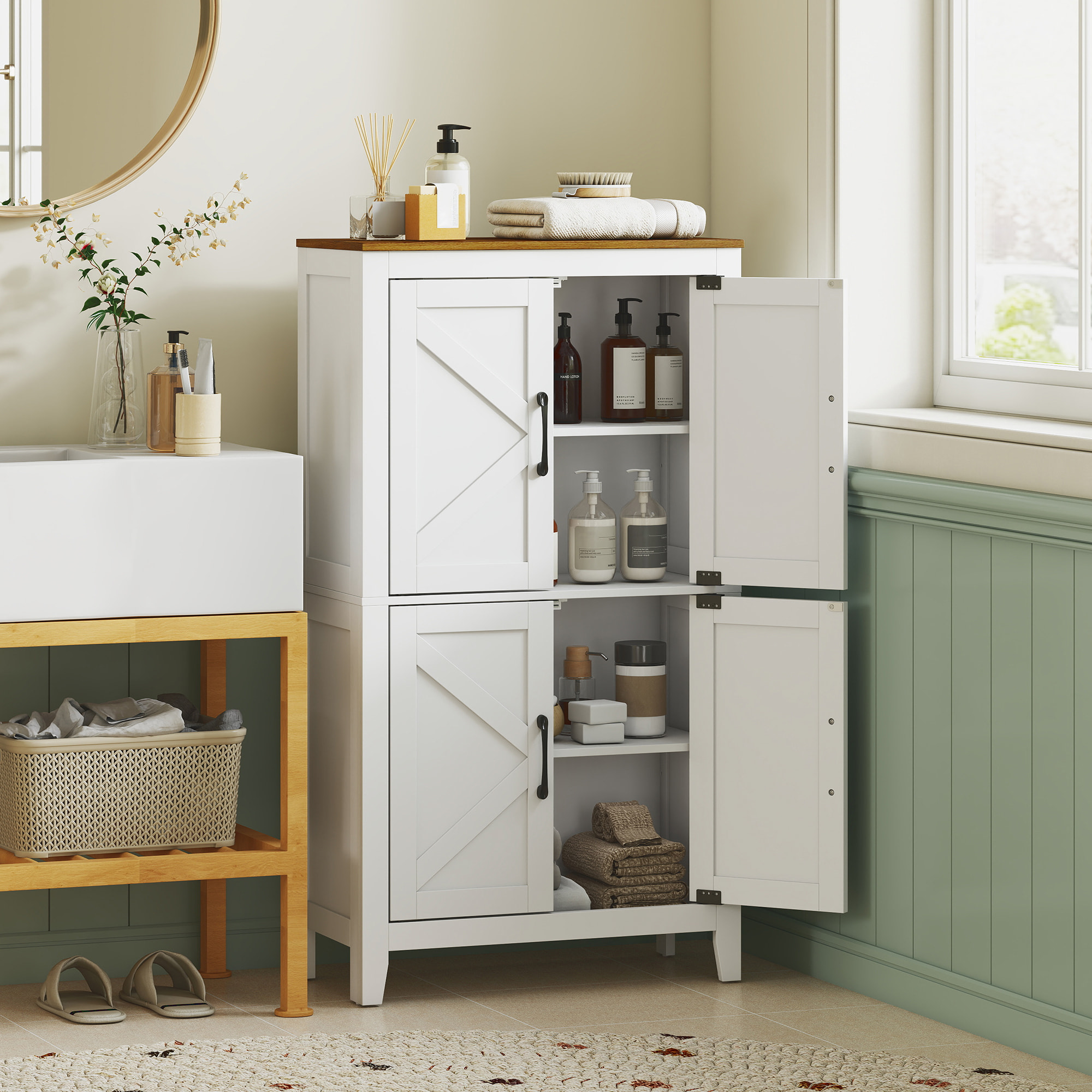 HOMCOM Armario de Baño Estrecho, Mueble Auxiliar de Baño con Puertas Tipo Granero, 4 Estantes y Estantes Ajustables, Ahorro Espacio, 60x30x110 cm, Blanco