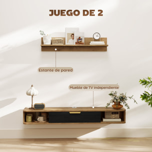 Conjunto de Muebles de Salón, Muebles de TV con Estante de Pared, Puerta, Estantes Abiertos, Orificios para Cables, para Televisión de Pared, 120x24x16 cm, Roble