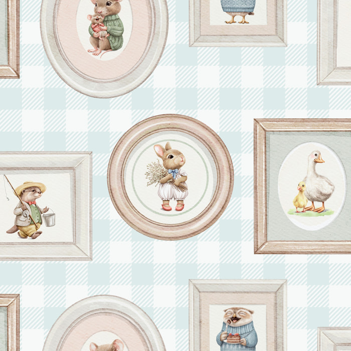 Papier peint animaux portraits vichy bleu enfant