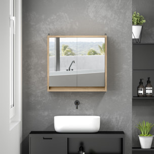 Armario de Baño con Espejo con 2 Puertas y Estante Ajustable Mueble Colgante de Baño para Aseo Estilo Moderno 48x14,5x45 cm Madera Natural