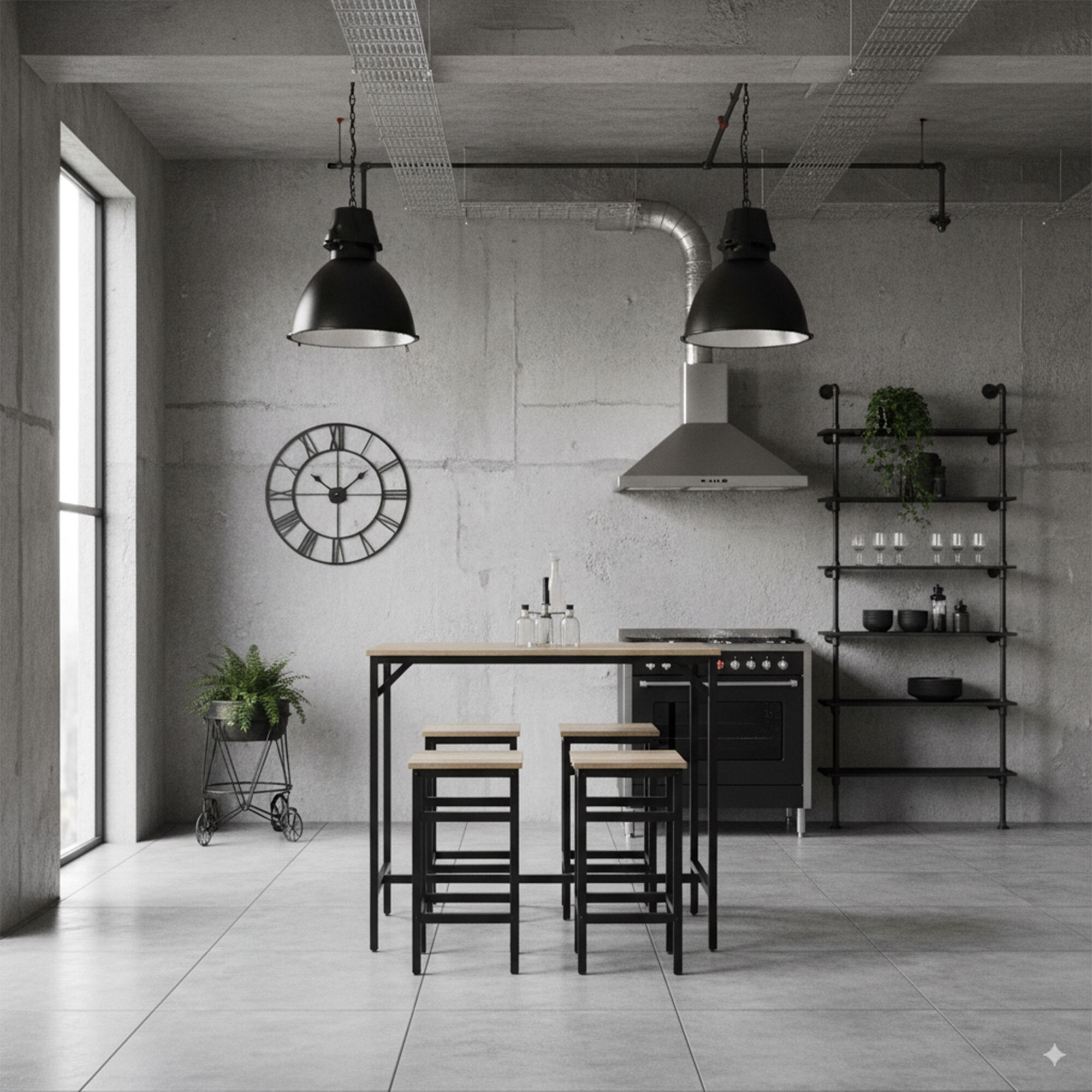 Sabi - Tavolo bar con 4 sgabelli quadrati in stile industrial bleach, set angolo breakfast