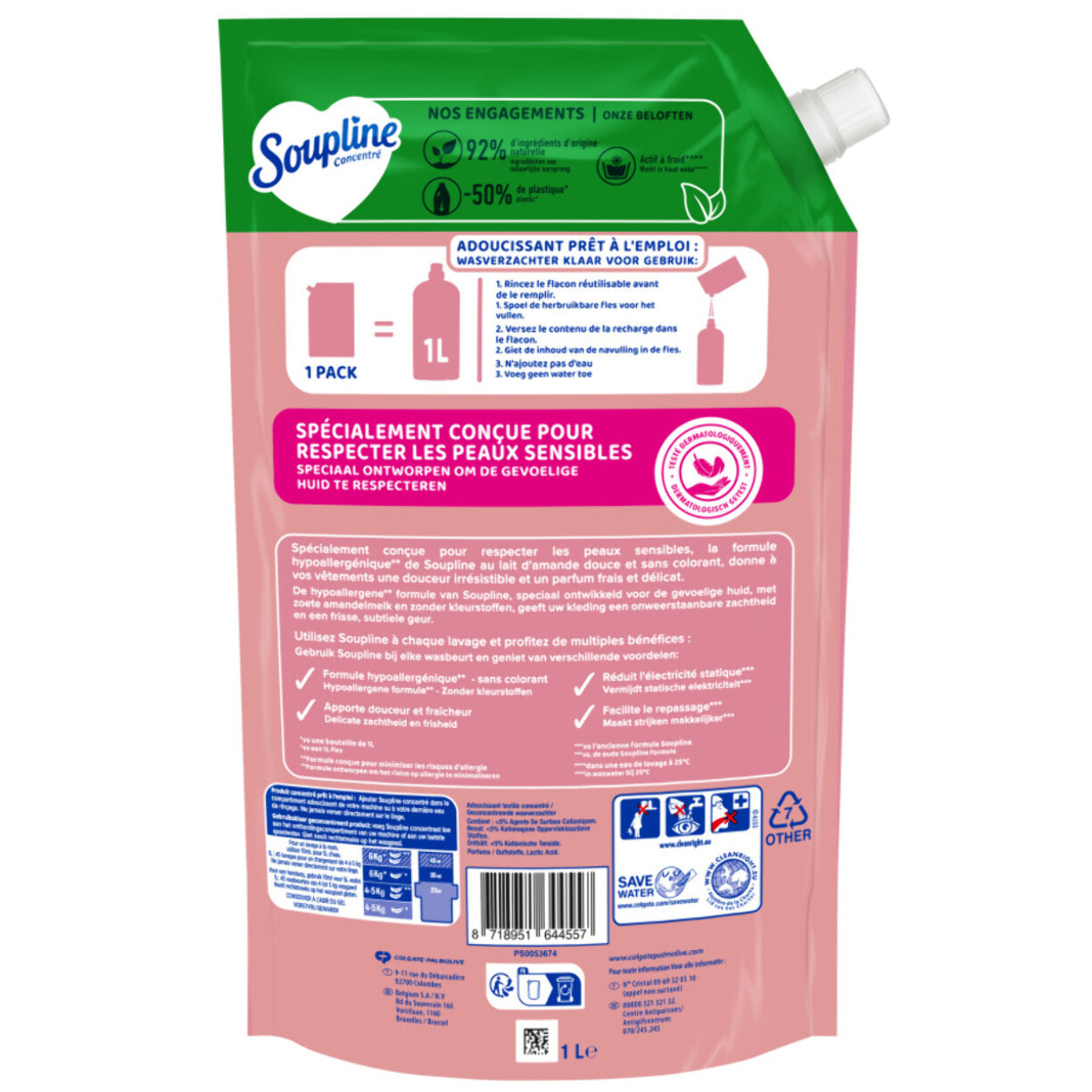 Pack de 10 - Adoucissant concentré Soupline éco-recharge 45 lavages Hypoallergénique - 1L