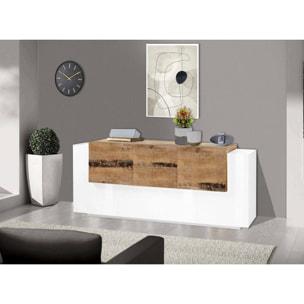 Credenza moderna a 5 ante e 2 cassetti, Made in Italy, Madia da cucina, Buffet di design da soggiorno, cm 220x45h86, colore Bianco lucido e Acero