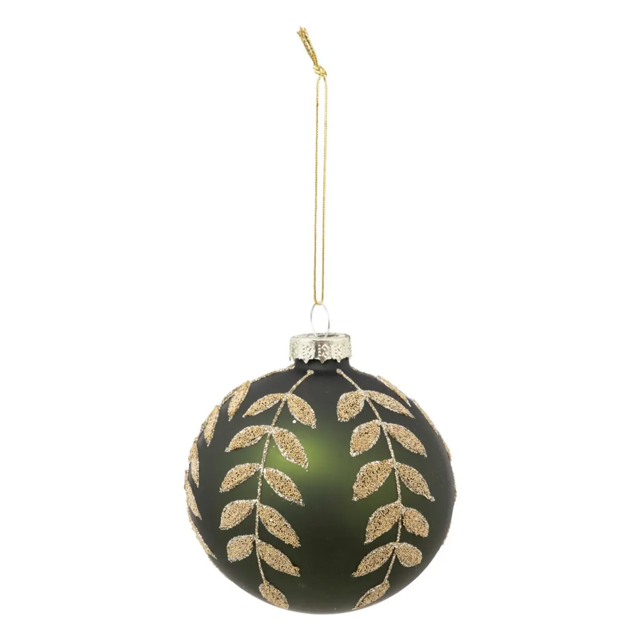 Boule de noël vert avec feuilles dorées en verre 80mm