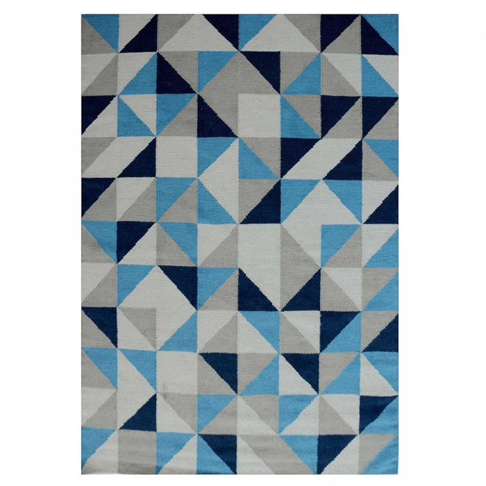 Tapis Kilim tissé à la main en laine motif Géométrique dans les teintes de Bleu