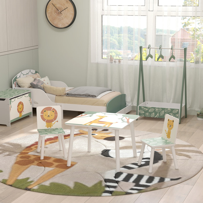 Ensemble table et chaises enfant design savane animaux bois pin MDF blanc vert