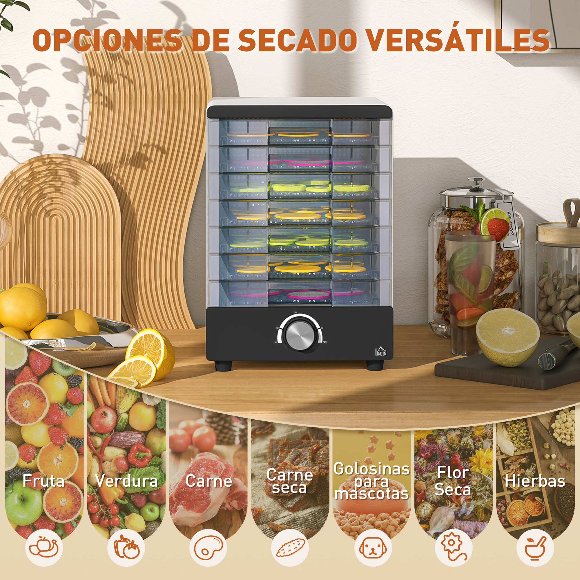 Deshidratador de Alimentos 350W Deshidratador con 7 Bandejas Temperatura Ajustable 40-70 ℃ Deshidratadora para Frutas Verduras Golosinas para Mascotas Blanco