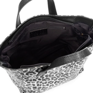 Cassandra bolso tote mujer. Piel auténtica Gamuza, animal print leopardo, lacado brillante.