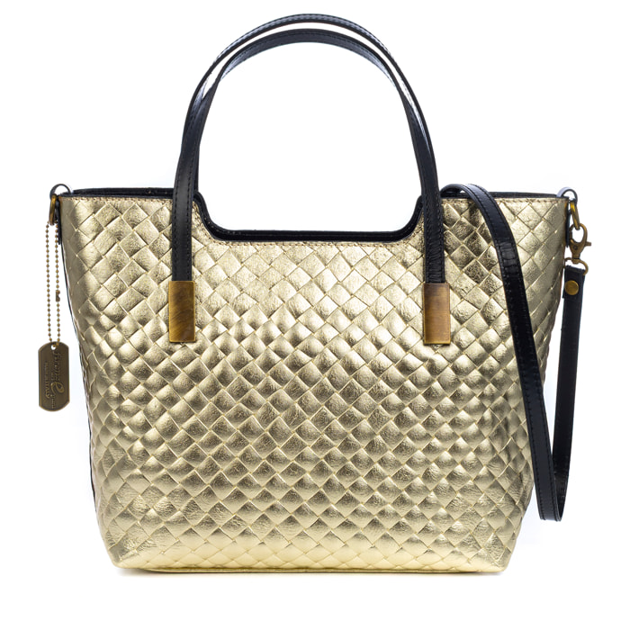 Agostina borsa tote donna. Pelle autentica Camoscio con incisione intrecciata e laccato lucido.