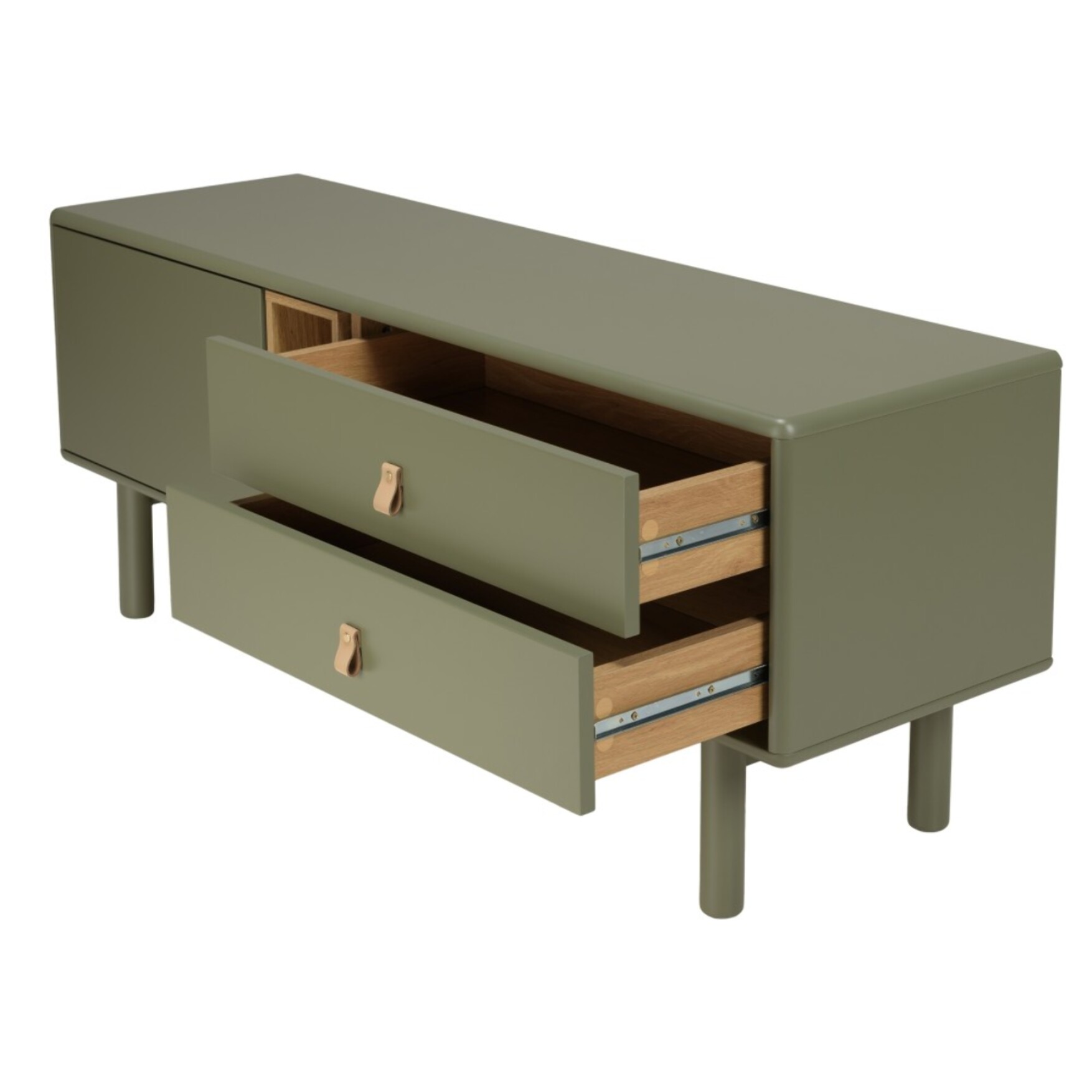 ETHAN - Meuble TV vert 1 porte, 2 tiroirs et 2 niches en bois naturel