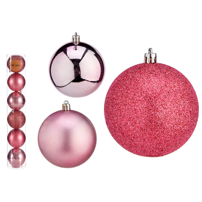 Set de 6 bolas navideñas de 8cm en color rosa, surtido en 3 diseños: liso, brillante y con textura.