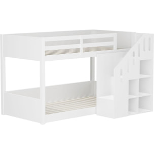 Lit superposé en bois avec escalier et rangements "Léana" - 90 x 190 cm - Blanc
