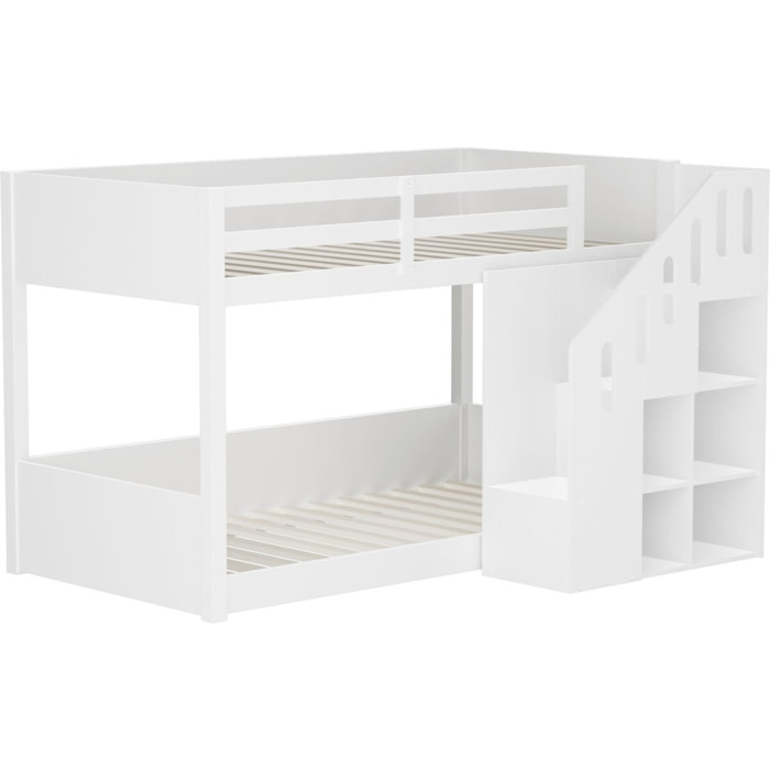 Lit superposé en bois avec escalier et rangements "Léana" - 90 x 190 cm - Blanc