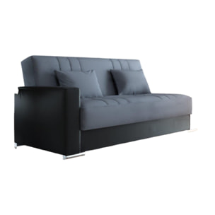 Divano letto Sergio, Divano letto contenitore a 3 posti in ecopelle e tessuto, Sofà da soggiorno con apertura click-clack e 2 cuscini inclusi, Cm 230 x96h101, Nero e Grigio