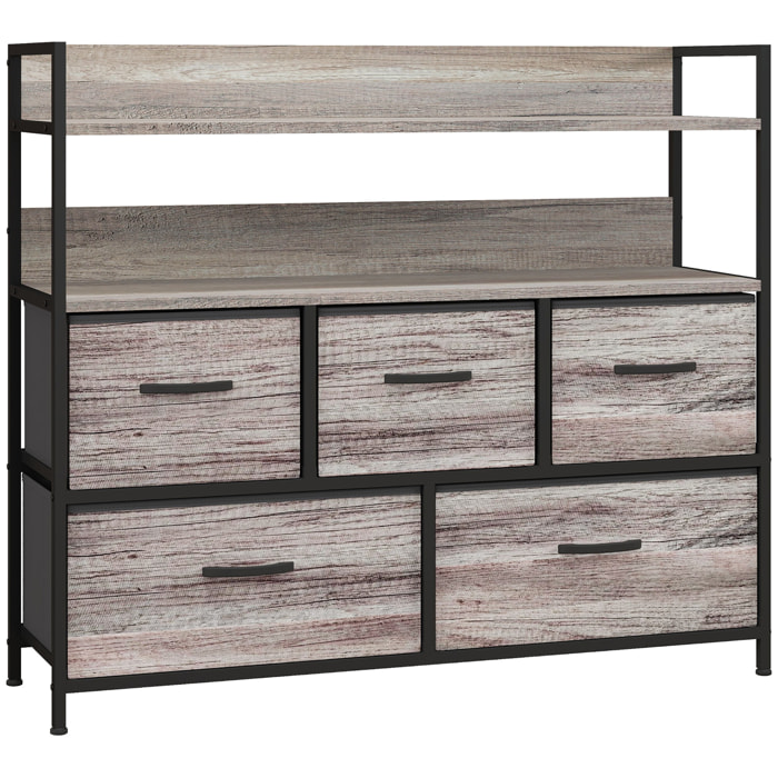 Commode style industriel - 5 tiroirs, 2 étagères - acier noir MDF non tissé effet bois gris