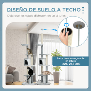 Árbol para Gatos de Suelo a Techo de 225-255 cm Torre para Gatos Ajustable en Altura con Cueva Plataformas Hamaca Postes Rascadores y Bolas Colgantes Ø60x225-255 cm Gris