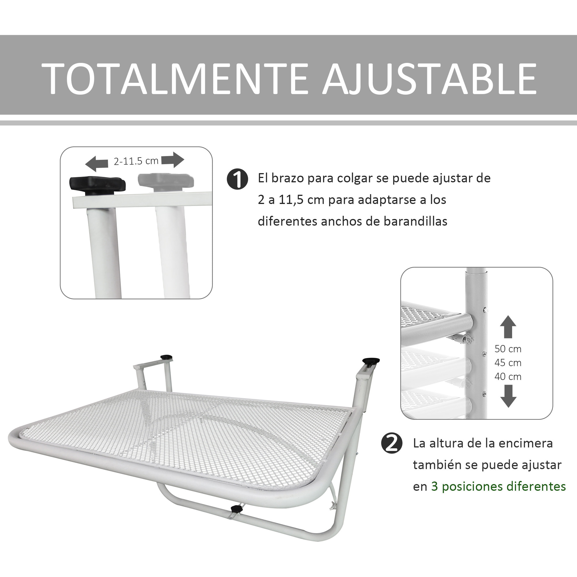 Mesa Colgante de Balcón con Brazo Regulable y Altura Ajustable en 3 Posiciones Marco Metálico Carga Máx. 30 kg 60x56x50 cm Blanco