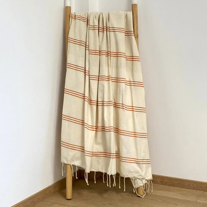 Fouta plate traditionnelle - Calliope Écru/Orange - 200x200cm - 190g/m²