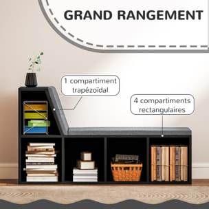Bibliothèque banc 2 en 1 design contemporain 5 casiers 2 coussins fournis 108L x 30l x 60H cm noir gris chiné