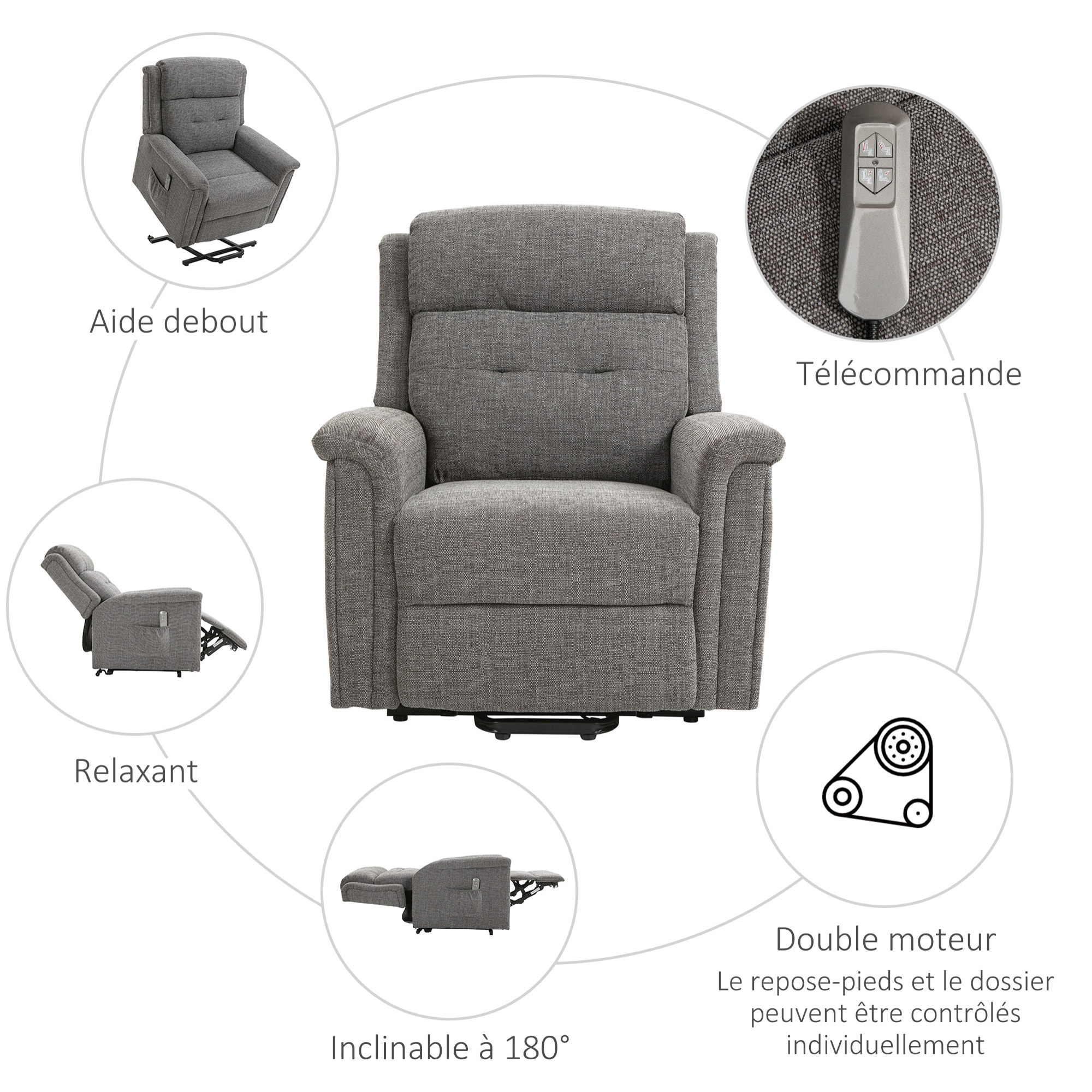 Fauteuil releveur électrique inclinable - repose-pied ajustable - télécommande - Fauteuil de relaxation - tissu polyester aspect lin gris chiné