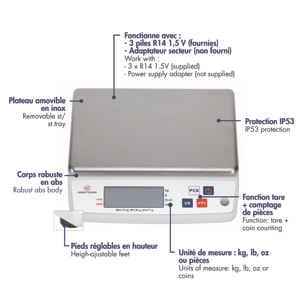 Balance électronique professionnelle - 10kg - IP53 - précision 1g - plateau amovible 22 x 16,5 cm