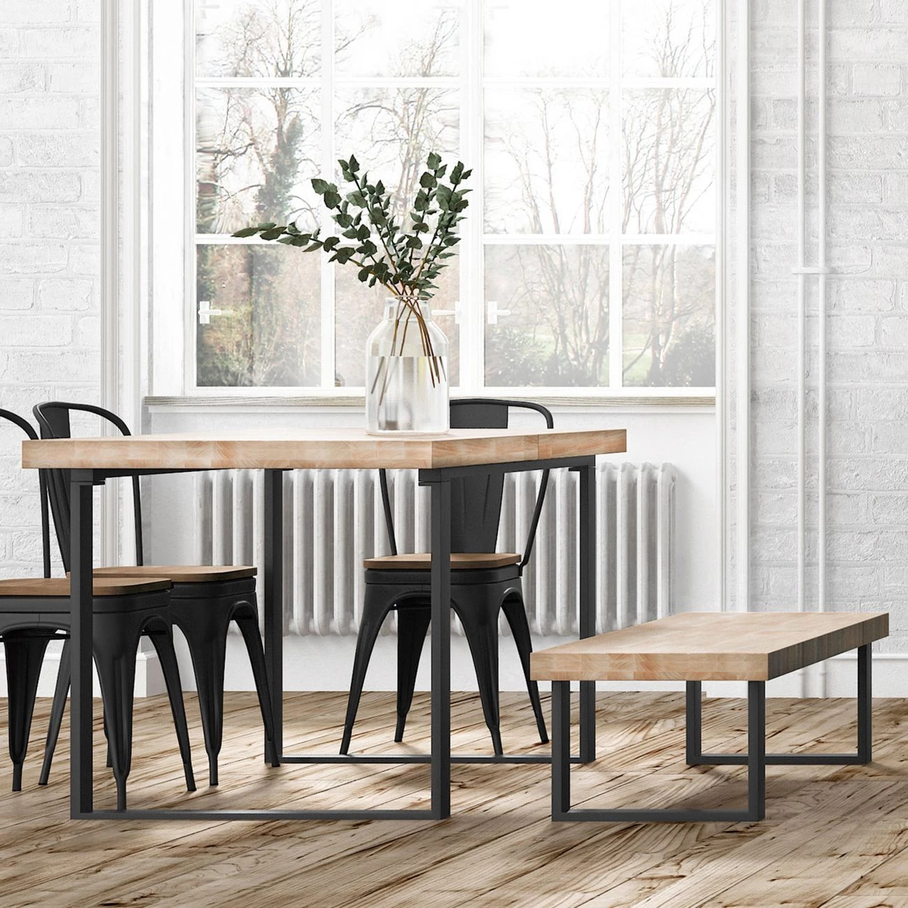 Banco de madera con patas metálicas en negro y roble salvaje 120x34 cm Loft Roble salvaje - Negro