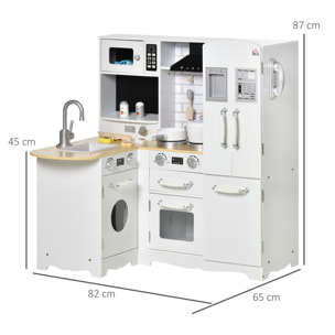 Cocina de Juguete de Madera para Niños de +3 Años con Sonidos 14 Accesorios Cocinita Infantil con Teléfono Fregadero Extraíble Microondas y Grifo 82x65x87 cm Blanco
