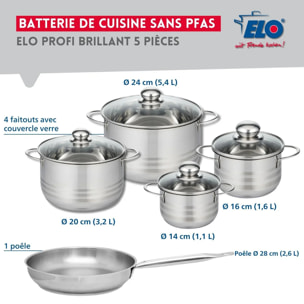 Ensemble de 1 Poêle de cuisson 28 cm et 4 faitouts 14, 16, 20 et 24 cm Elo Profi Brillant