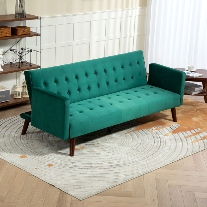 Canapé convertible 3 places design Chesterfield inclinable réglable effet capitonné velours vert turquoise