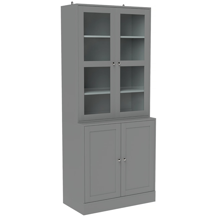 Bibliothèque vitrine multi-rangement - 2 portes verre, 2 portes bois, 4 étagères réglables - MDF gris