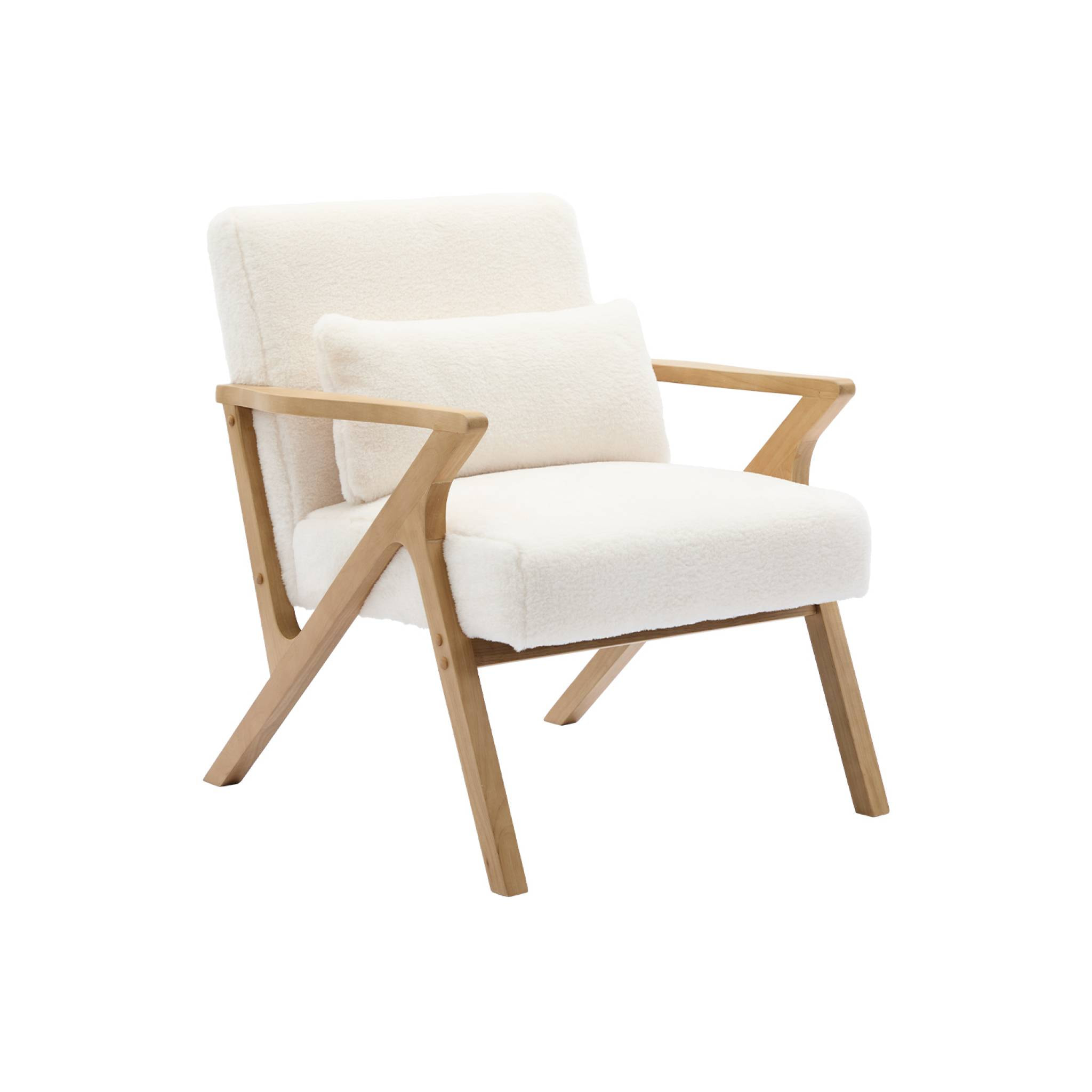 Fauteuil scandinave bois d'hévéa et tissu effet fausse fourrure blanc crème